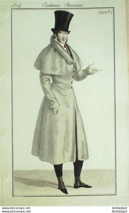 Gravure de mode Costume Parisien 1824 n°2228 Redingote d'Alpaga homme boutons de nacre