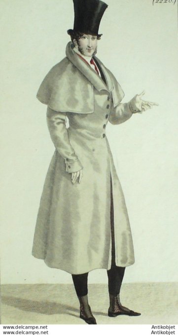 Gravure de mode Costume Parisien 1824 n°2228 Redingote d'Alpaga homme boutons de nacre