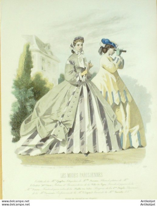 Gravure Les Modes Parisiennes 1863 #1118 Toilettes de promenade Maison Cagelin