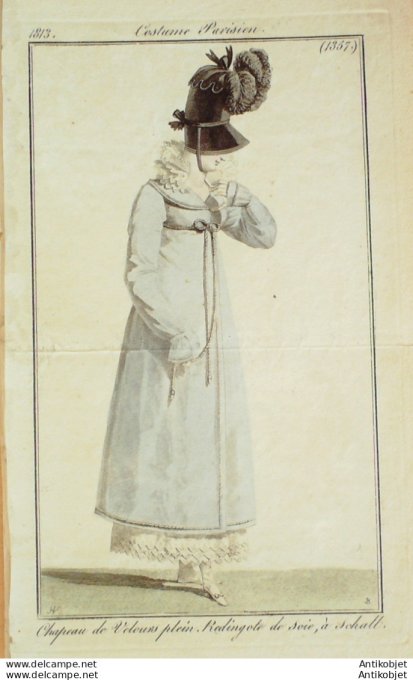 Gravure de mode Costume Parisien 1813 n°1357 Redingote de soie à Schall