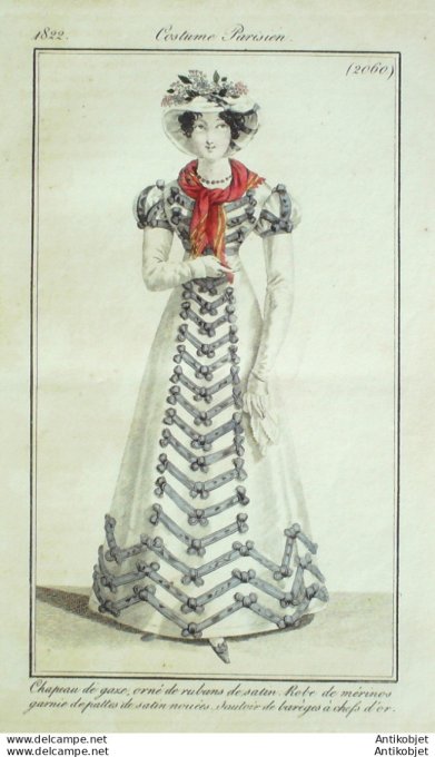 Gravure de mode Costume Parisien 1822 n°2060 Robe de Mérinos garnie de pattes