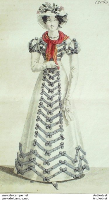 Gravure de mode Costume Parisien 1822 n°2060 Robe de Mérinos garnie de pattes