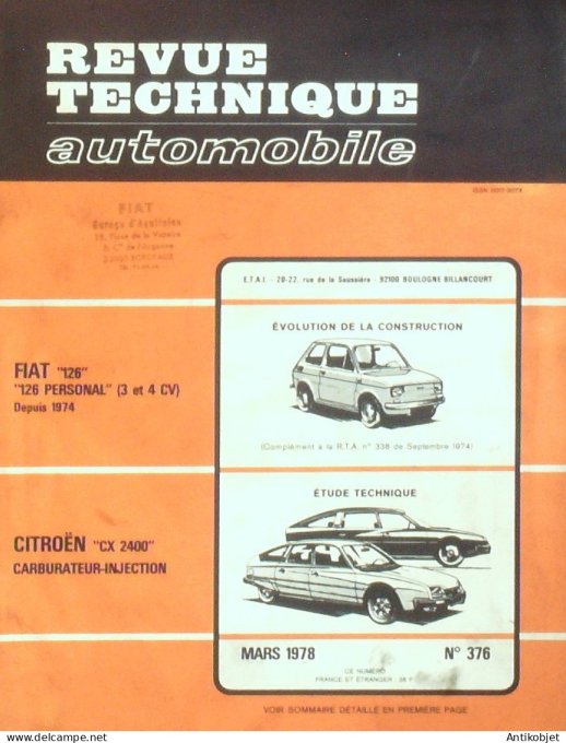 Revue Tech. Automobile 1978 n°376 Citroen CX2400 Fiat 126