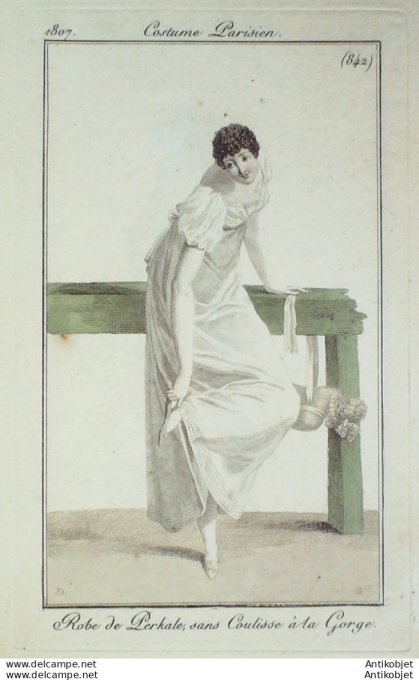Gravure de mode Costume Parisien 1807 n° 842 Robe de Përkale sans coulisse
