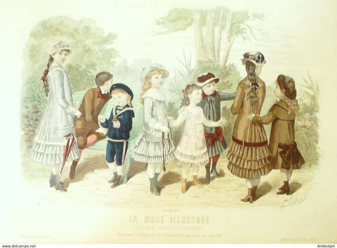 Gravure de mode La Mode illustrée 1881 n°22 (Costumes d'enfants)