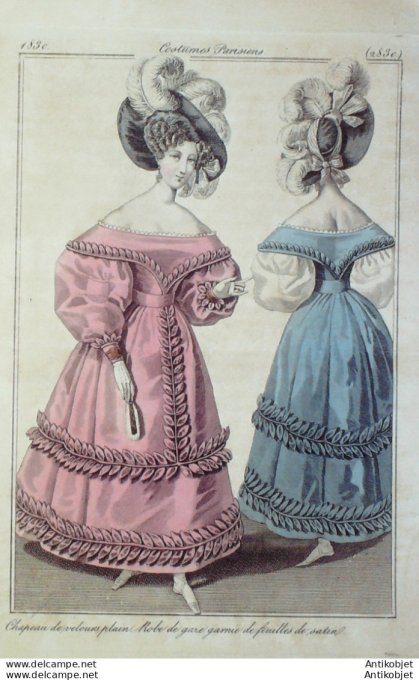 Gravure de mode Costume Parisien 1830 n°2830 Robe de gaze garnie de feuilles