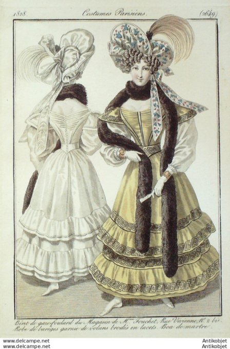 Gravure de mode Costume Parisien 1828 n°2649 Robe de Barèges garnie de volants