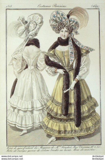 Costume Parisien 1828 # 2649 Robe de Barèges garnie de volants