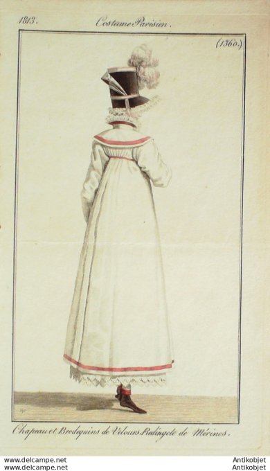 Gravure de mode Costume Parisien 1813 n°1360 Redingote de mérinos