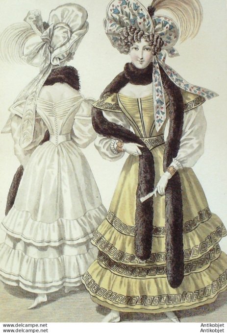 Gravure de mode Costume Parisien 1828 n°2649 Robe de Barèges garnie de volants