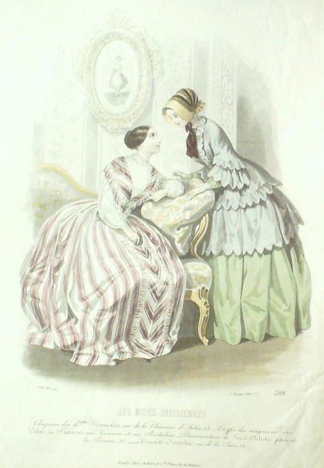 Gravure Les Modes Parisiennes 1847 # 288 Robes de soie Maison Josselin