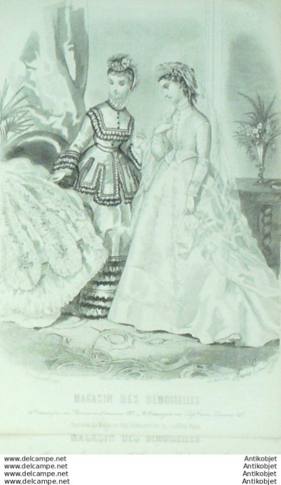 Gravure Mode Magasin Demoiselles 1870 #  4 (aquarellee Old Fashion plate)