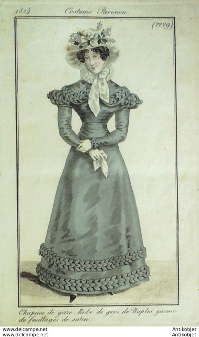 Costume Parisien 1824 # 2229 Robe gros de Naples feuillages satin