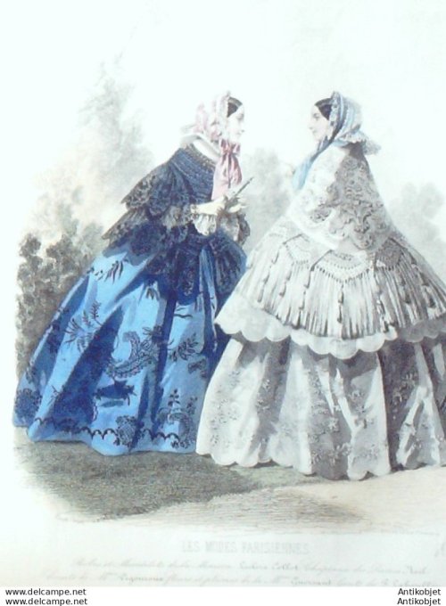 Gravure Les Modes Parisiennes 1852 # 692 Robes et mantelets Maison Collot