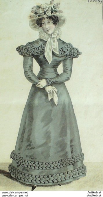 Gravure de mode Costume Parisien 1824 n°2229 Robe gros de Naples feuillages satin