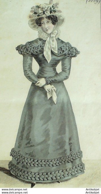 Costume Parisien 1824 # 2229 Robe gros de Naples feuillages satin