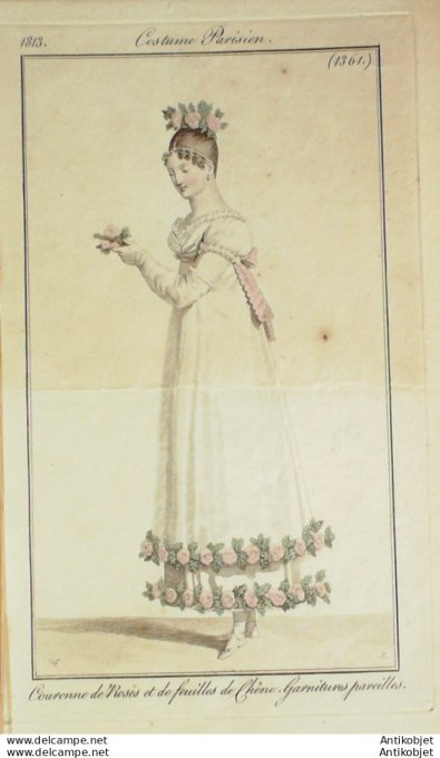 Gravure de mode Costume Parisien 1813 n°1361 Couronne roses & feuilles de Chêne