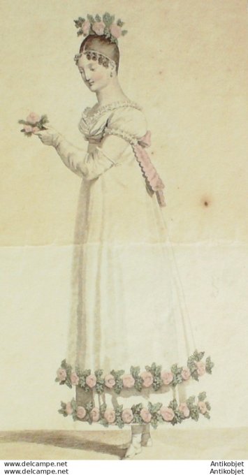 Gravure de mode Costume Parisien 1813 n°1361 Couronne roses & feuilles de Chêne