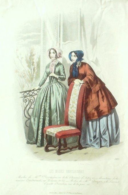 Gravure Les Modes Parisiennes 1847 # 292 Manteau robes Maison Couchonnal