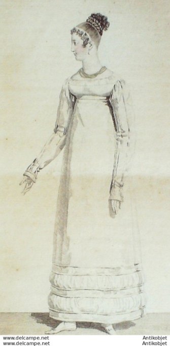 Gravure de mode Costume Parisien 1817 n°1637 Robe garnie en rubans et bouillons