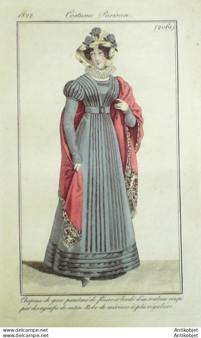 Gravure de mode Costume Parisien 1822 n°2061  Robe de Mérinos à plis