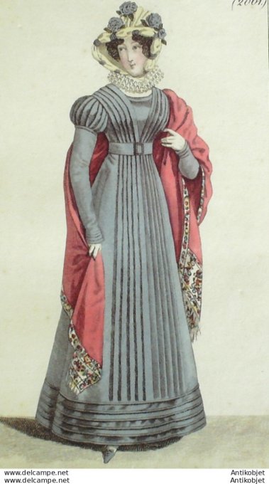 Gravure de mode Costume Parisien 1822 n°2061  Robe de Mérinos à plis