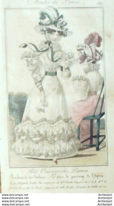 Gravure Mode Courrier des Dames 1825 #  489 (eau forte old Fashion plate)