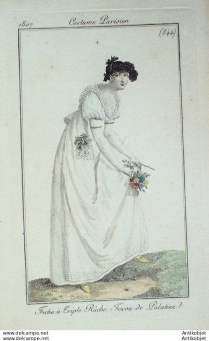 Gravure de mode Costume Parisien 1807 n° 844 Fichu à rûche Palatine