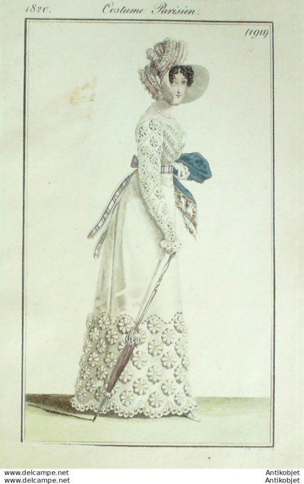 Gravure de mode Costume Parisien 1820 n°1909 Robe perkale à pèlerin