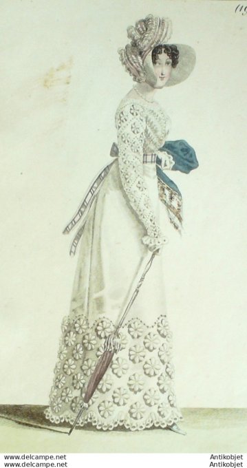 Gravure de mode Costume Parisien 1820 n°1909 Robe perkale à pèlerin