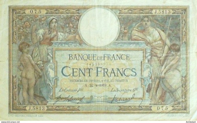 Billet Banque de France 100 francs Luc Olivier Merson A.22=4=1919 TTB