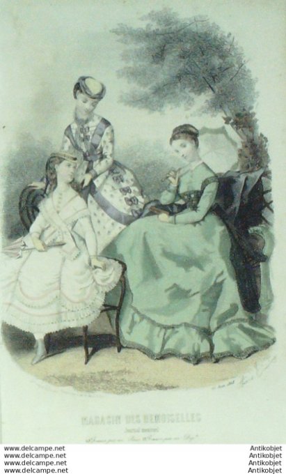 Gravure Mode Magasin Demoiselles 1868 #  6 (aquarellee Old Fashion plate)
