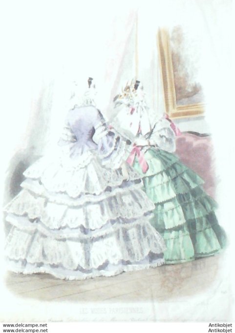 Gravure Les Modes Parisiennes 1852 # 693 Robes velours Maison Fauvet