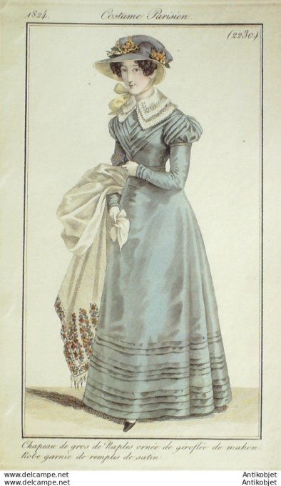 Gravure de mode Costume Parisien 1824 n°2230 Robe garnie de remplis de satin