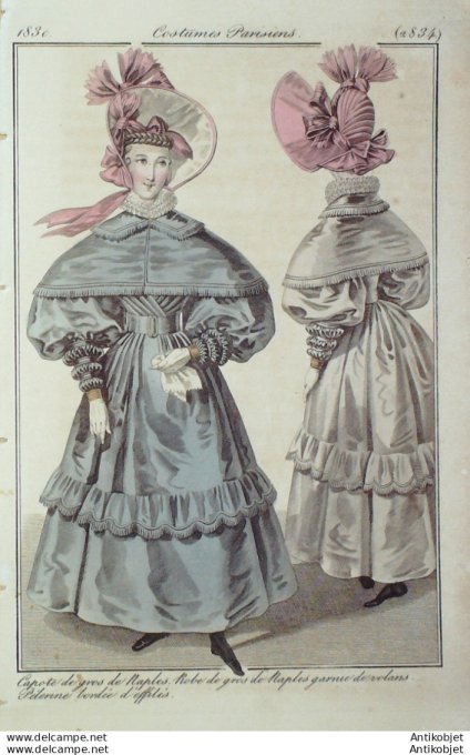 Gravure de mode Costume Parisien 1830 n°2834 Robe & capote de gros de Naples