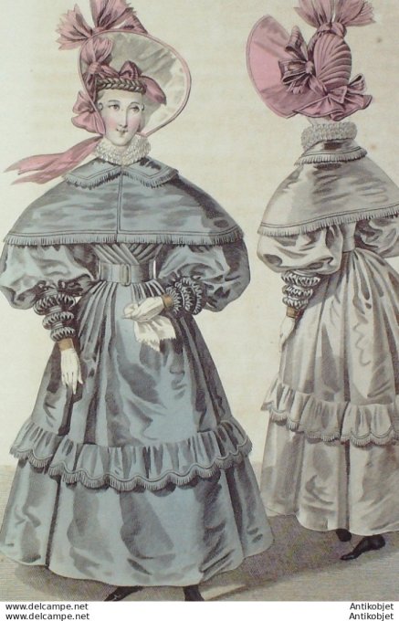 Gravure de mode Costume Parisien 1830 n°2834 Robe & capote de gros de Naples