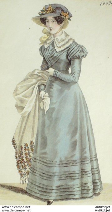 Gravure de mode Costume Parisien 1824 n°2230 Robe garnie de remplis de satin