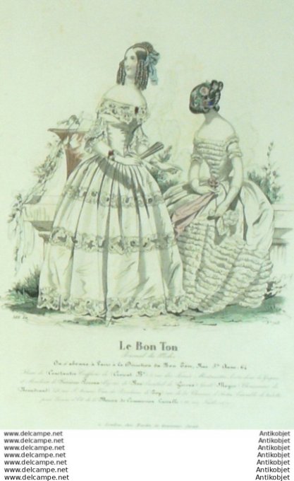 Gravure Mode Le Bon Ton 1843 # 705 (aquarelle old fashion plate)