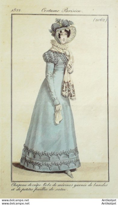 Gravure de mode Costume Parisien 1822 n°2062 Robe de mérinos feuilles satin