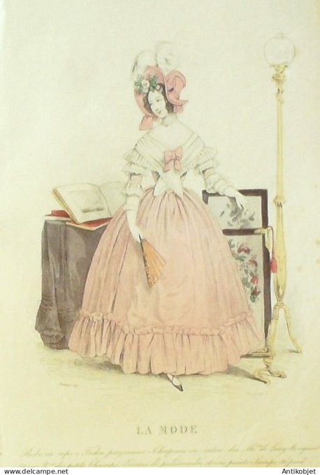 Gravure La mode 1836 # 529 (aquarelle old Fashion plate) Amazones