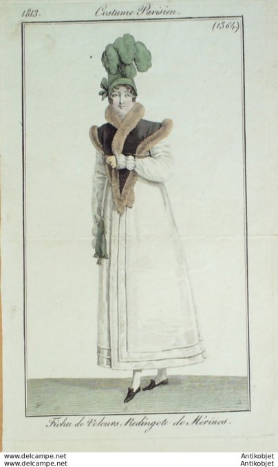 Gravure de mode Costume Parisien 1813 n°1364 Redingote de Mérinos