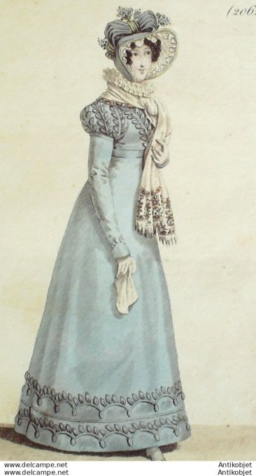 Gravure de mode Costume Parisien 1822 n°2062 Robe de mérinos feuilles satin