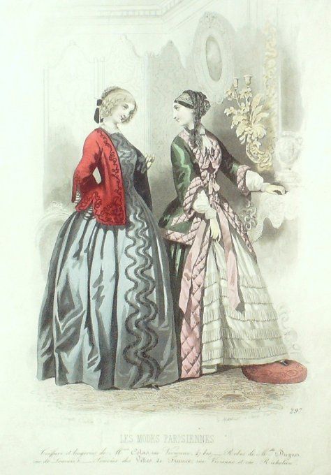Gravure Les Modes Parisiennes 1847 # 297 Robes velours Maison Duguet