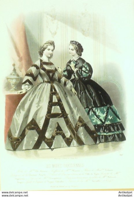 Gravure Les Modes Parisiennes 1861 # 946 Robes d'intérieur Maison Plé-Horain