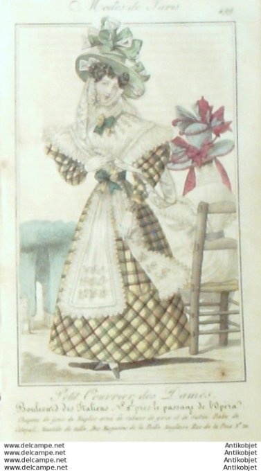 Gravure Mode Courrier des Dames 1825 #  499 (eau forte old Fashion plate)