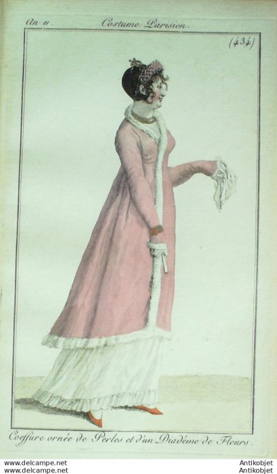 Gravure de mode Costume Parisien 1802 n° 434 (An 11) Coiffure ornée de perles