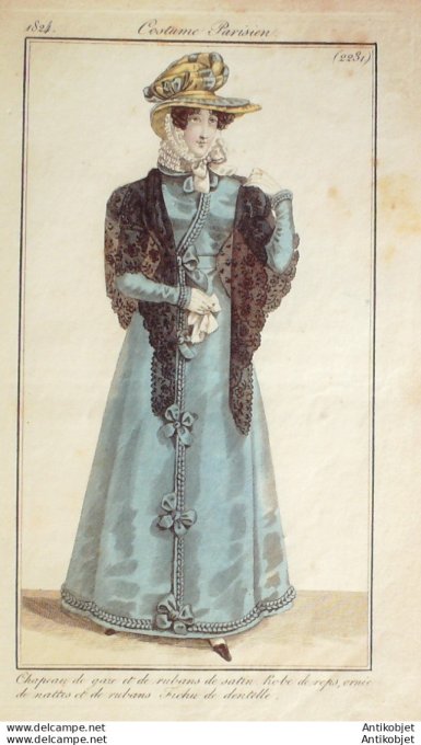 Costume Parisien 1824 # 2231 Robe de reps nattes rubans fichu