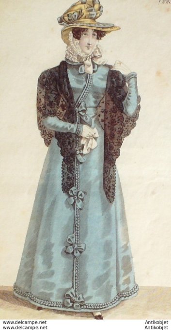 Gravure de mode Costume Parisien 1824 n°2231 Robe de reps nattes rubans fichu