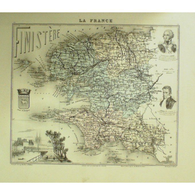 Carte Finistere (29) Quimper Graveur Lecoq Waltner Barbier 1868