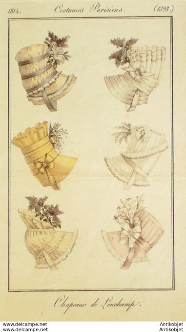 Gravure de mode Costume Parisien 1814 n°1393 Chapeaux de Longchamp